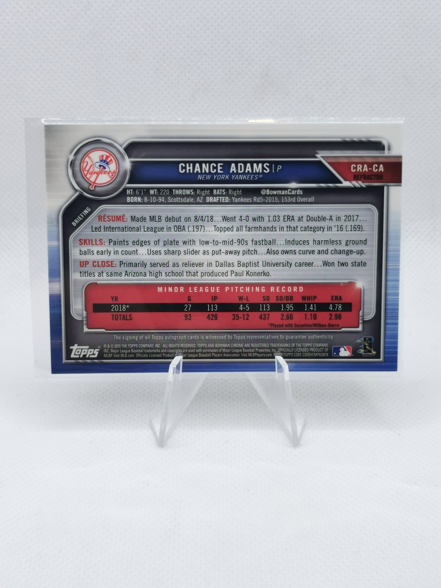 Chance Adams RC Auto /499 - MLB New York Yankees