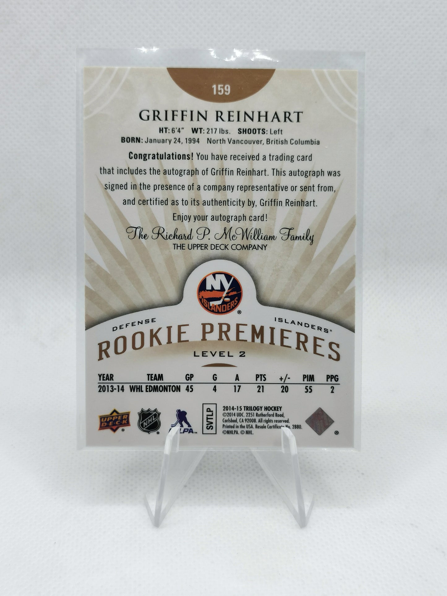 Griffin Reinhart Auto Rookie Card #58/399 - NY Islanders