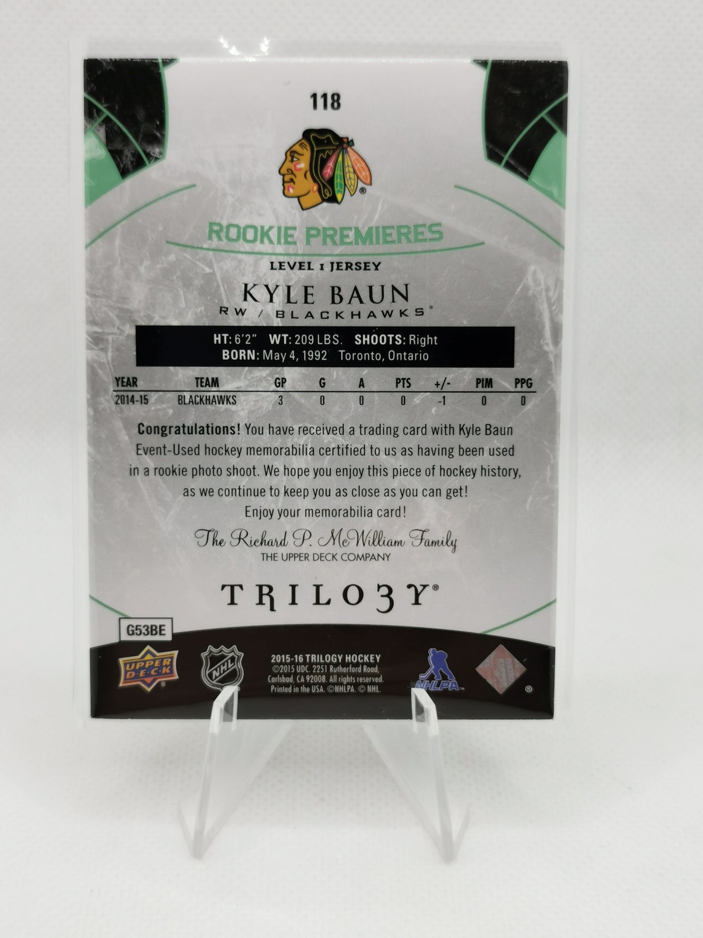 Kyle Baun Rookie Jersey Patch Card /599 - Chicago Blackhawks