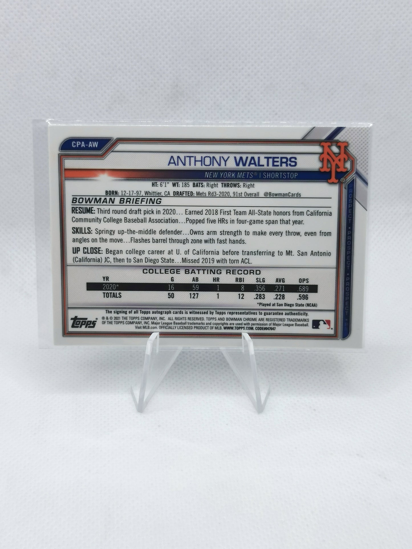 Anthony Walters Auto - MLB New York Mets