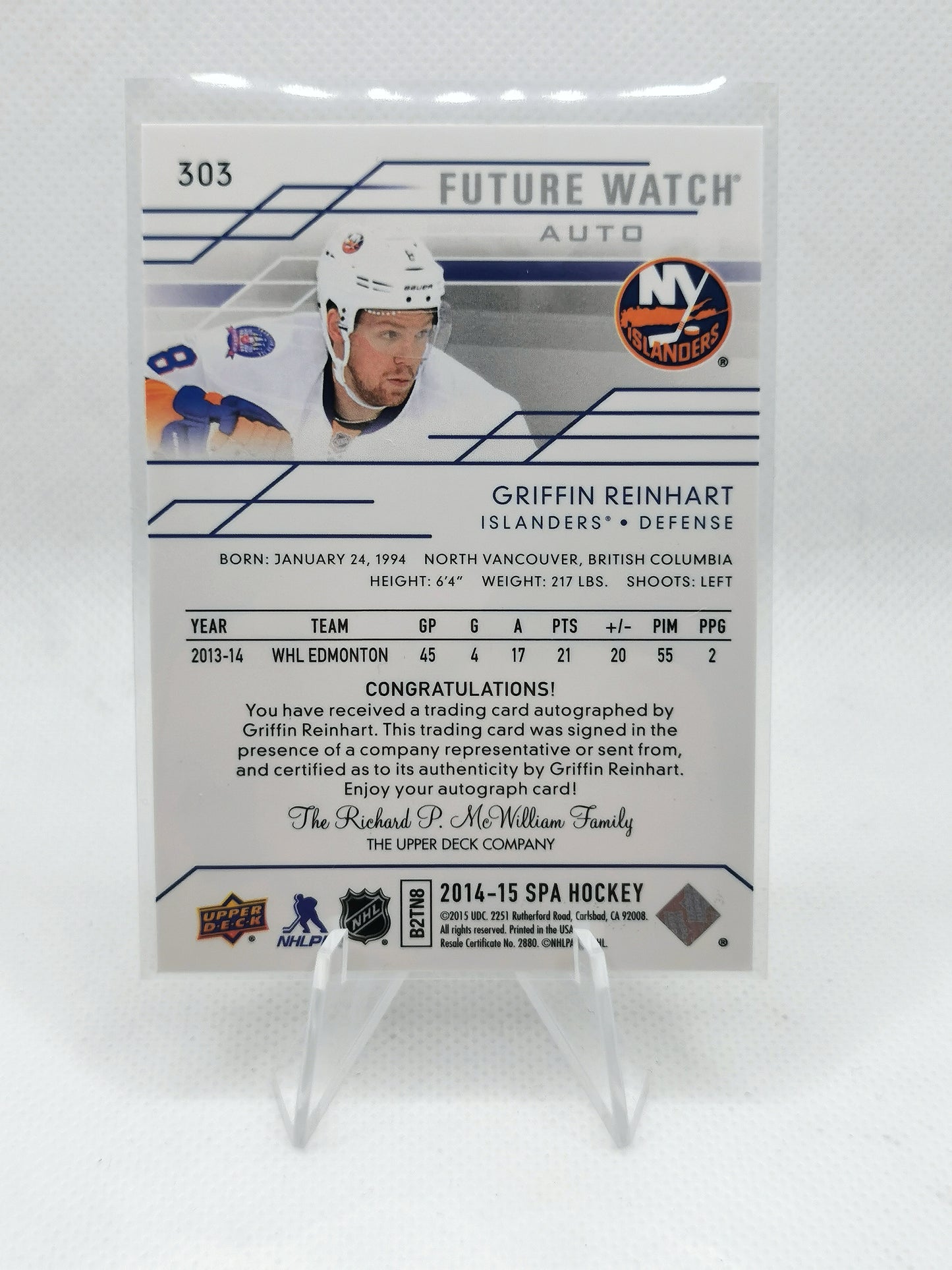 Griffin Reinhart Auto Future Watch Card 762/999 - NY Islanders
