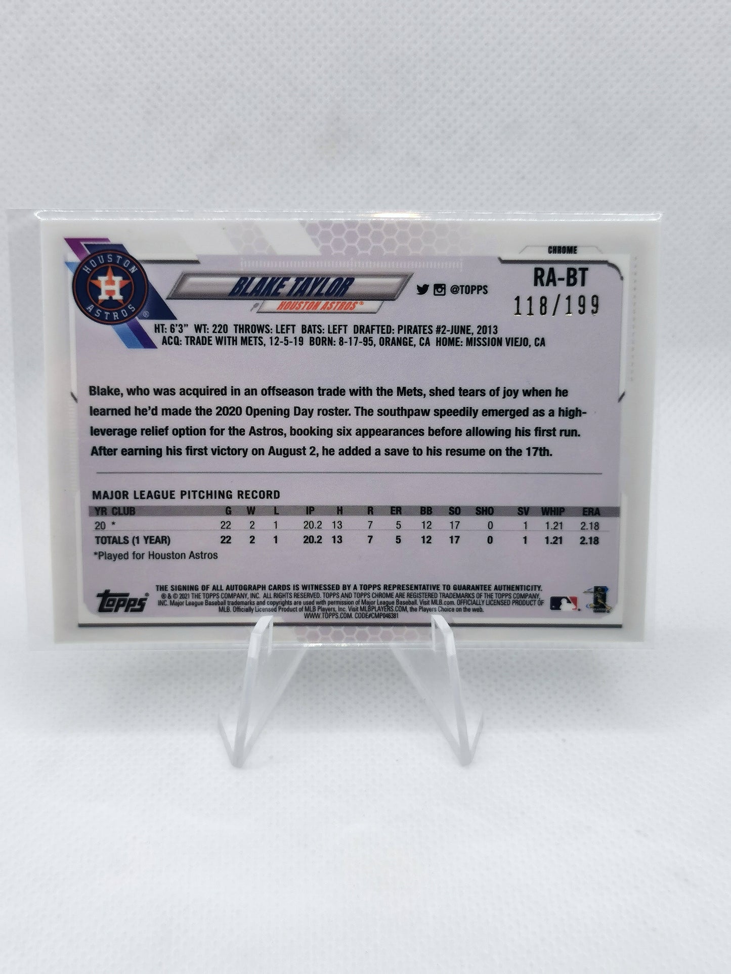 Blake Taylor RC Auto /199 - MLB Houston Astros