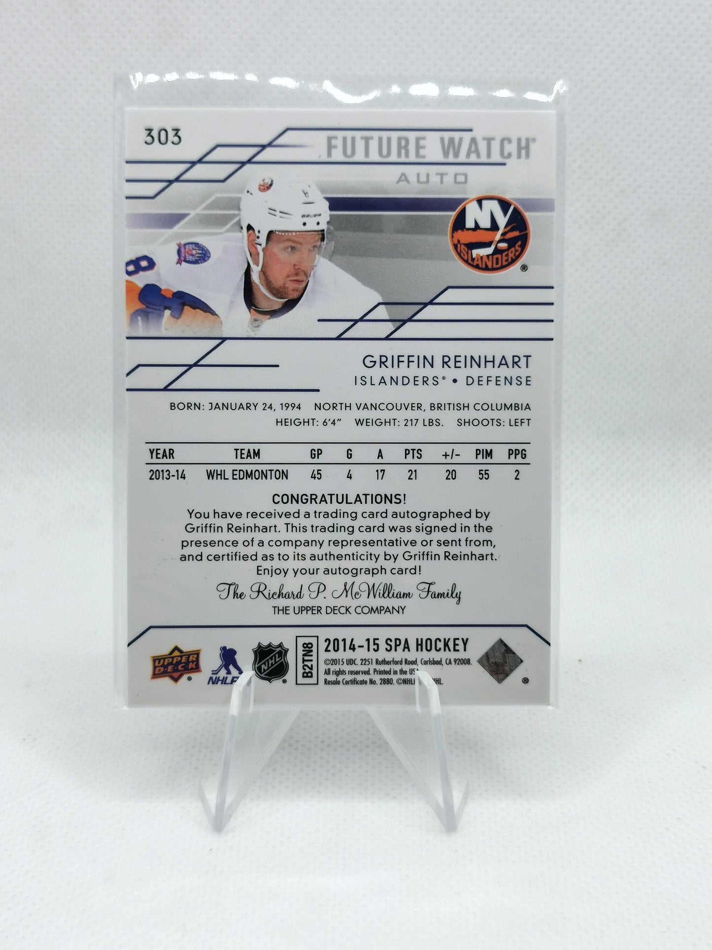 Griffin Reinhart Auto Future Watch Card 906/999 - NY Islanders