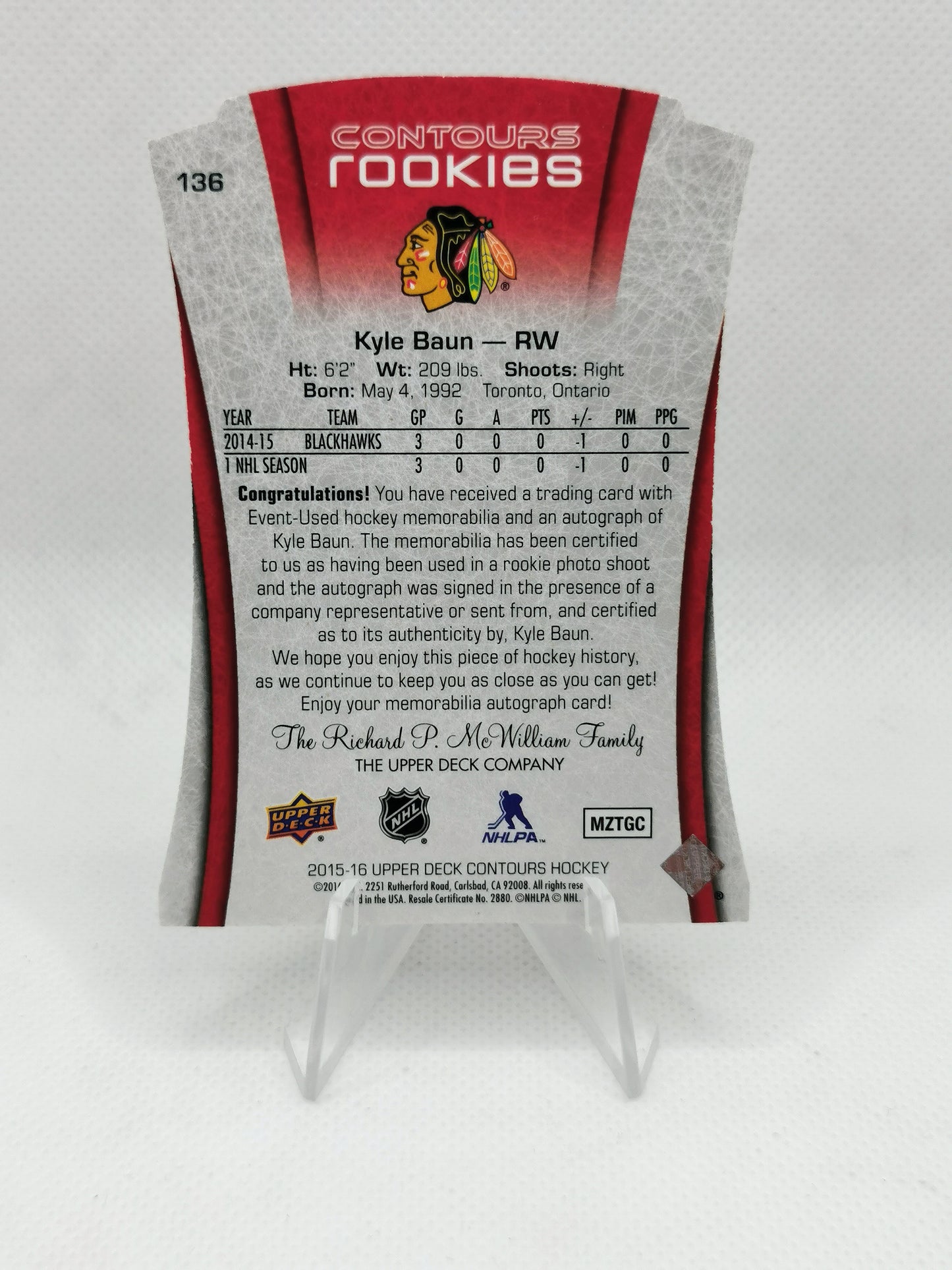 Kyle Baun Rookie Auto Patch Card /199 - Chicago Blackhawks