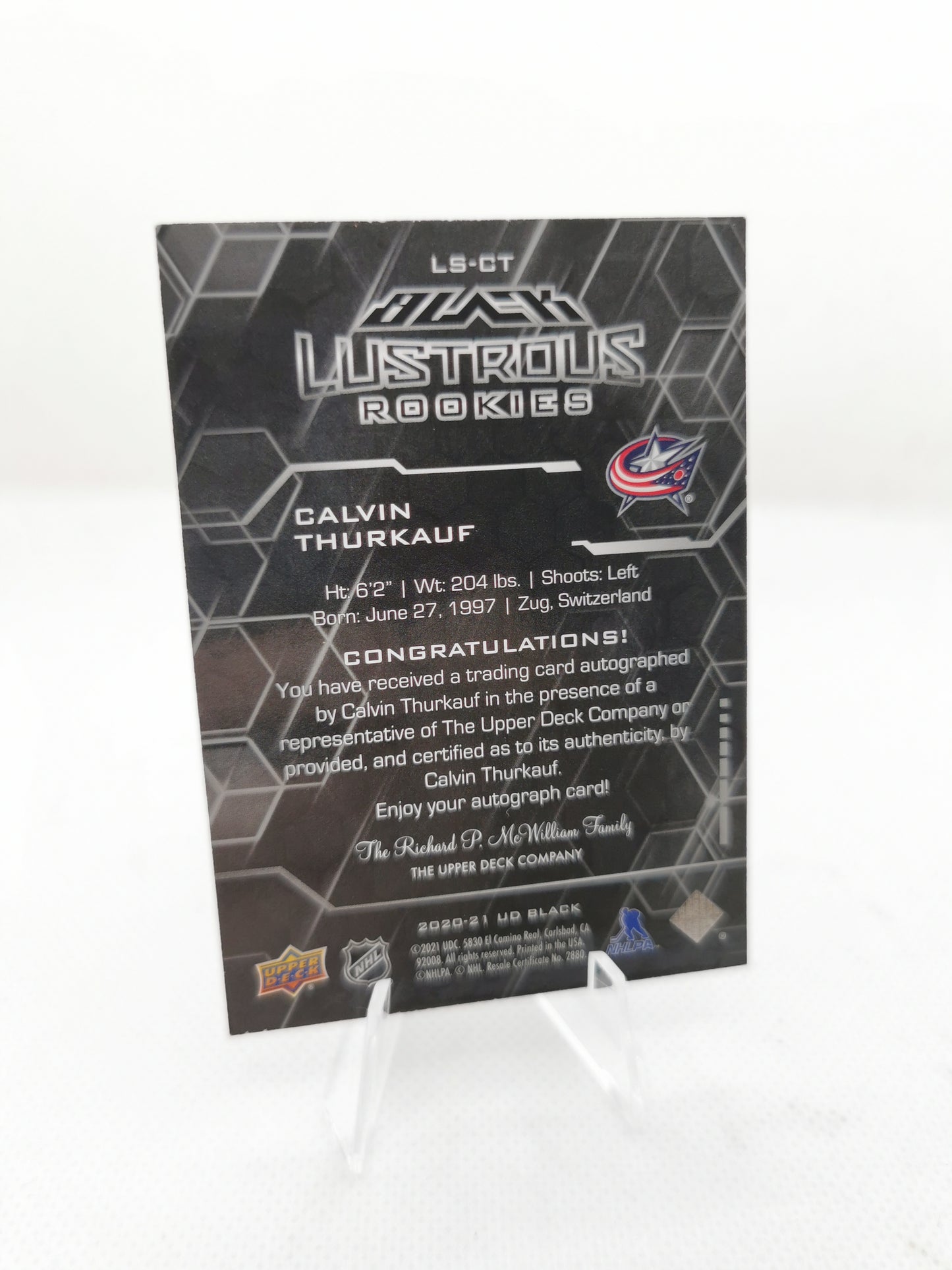 Calvin Thurkauf NHL On Card Auto Upper Deck Black Rookie - Colombus Blue Jackets
