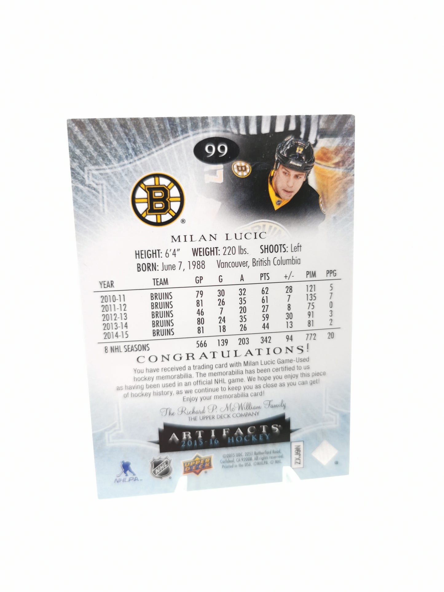 Milan Lucic #15/75 Boston Bruins Game Worn Patch